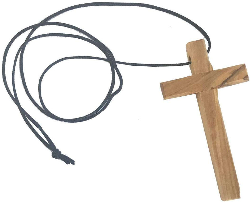 Holy Land Market Hand-Carved Olive Wood Cross Necklace from Bethlehem – 3.5" Thick Pendant with Certificate & Prayer Card – Christian Gift from the Holy Land