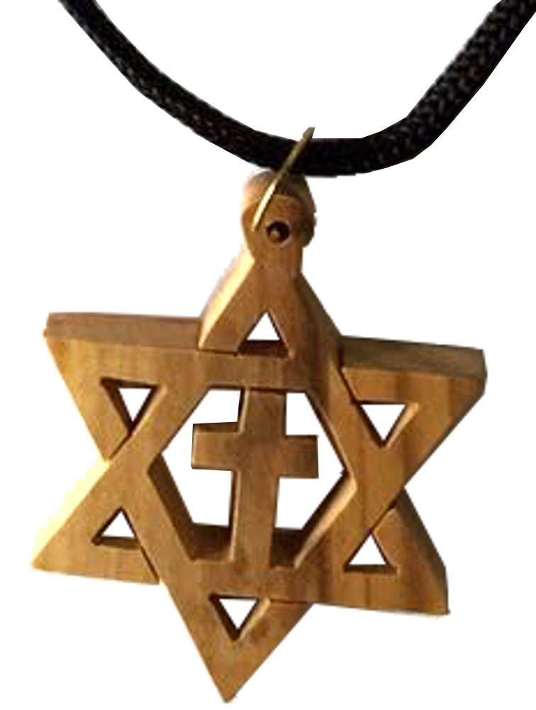 Messianic Olive wood Star of David with Cross - Large, carved by hand and thick ( About 2 Inches pendant