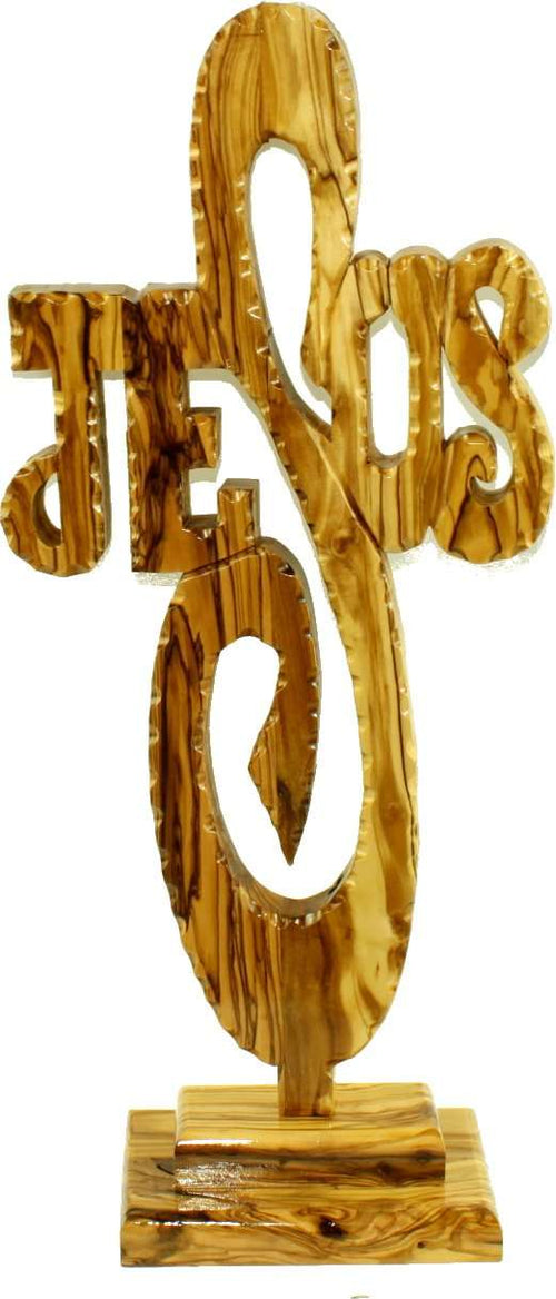 Cruz de Madera de Olivo con el nombre de JESÚS para mesa - Extra Grande - 2 piezas (45 - 50 cm o 18 a 20 pulgadas de altura)