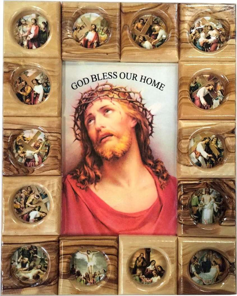 Placa de Icono de las Estaciones de la Cruz del Mercado de Tierra Santa Todo en Madera de Olivo de Belén (29 x 24 cm o 11.5 x 9.5 pulgadas)