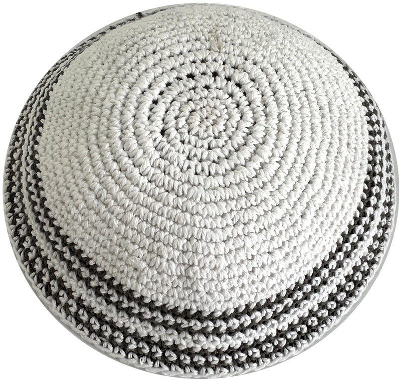 Holy Land Market White/Grey 17cm DMC 100% Knitted Cotton Kippah Torah Chabad Yarmulke Jewish