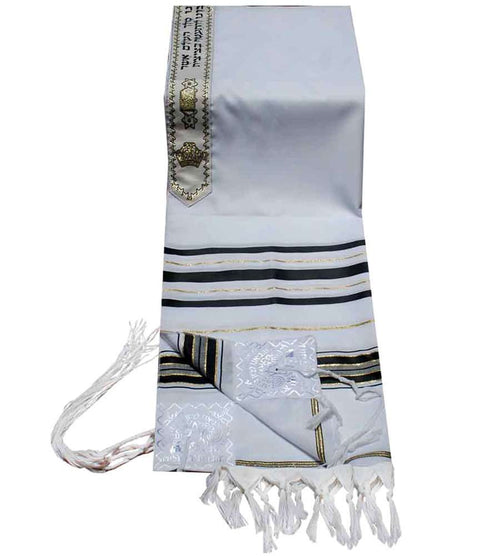 White Jewish prayer shawl with embroidered atarah and black gold stripes