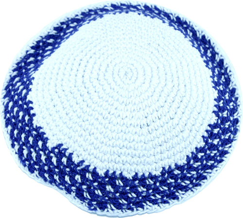 White/Royal Blue Model II, 17cm DMC 100% Knitted Cotton Kippah Skullcap Jewish