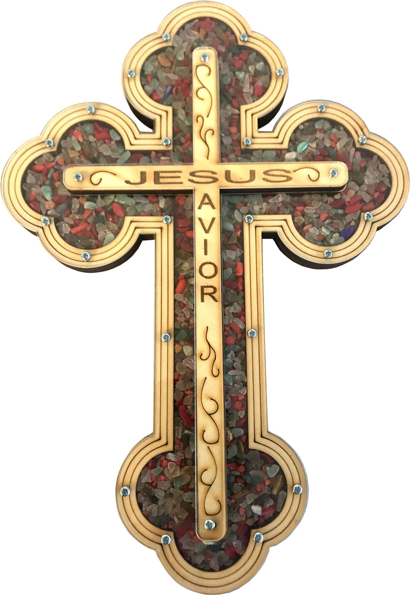 Cruz de Jesús Salvador Llenada con piedras semipreciosas de cornalina rojiza ardiente de la Tierra Santa