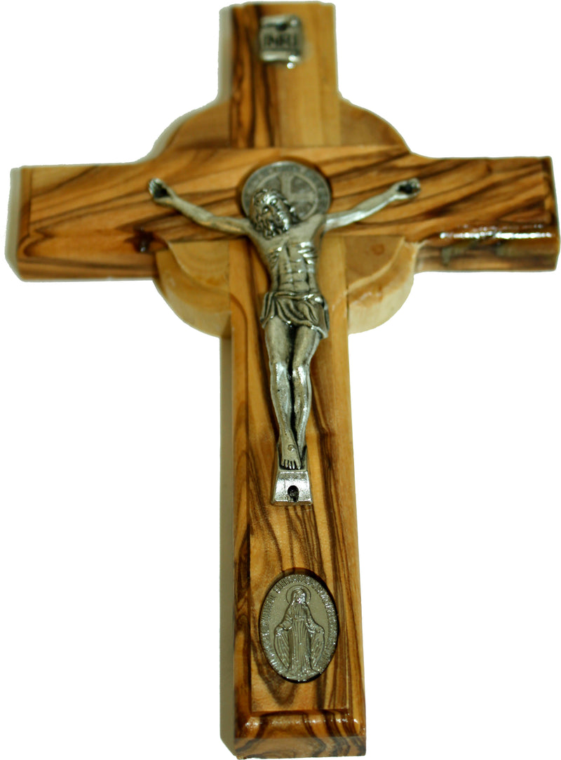 Holy Land Market Celtic and Saint Benedict and Miraculous Medal Olive Wood Crucifix