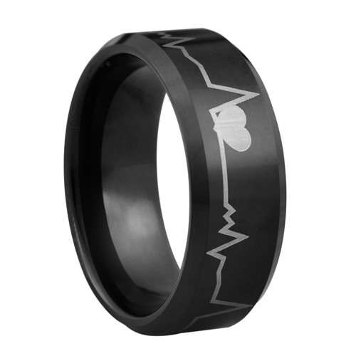 Anillo de tungsteno romántico - latido del corazón con revestimiento de IP negro de 18K - 8mm de ancho