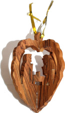 Holy Land Market Olive Wood Nativity Ornament- Heart Shaped - 4 Inches