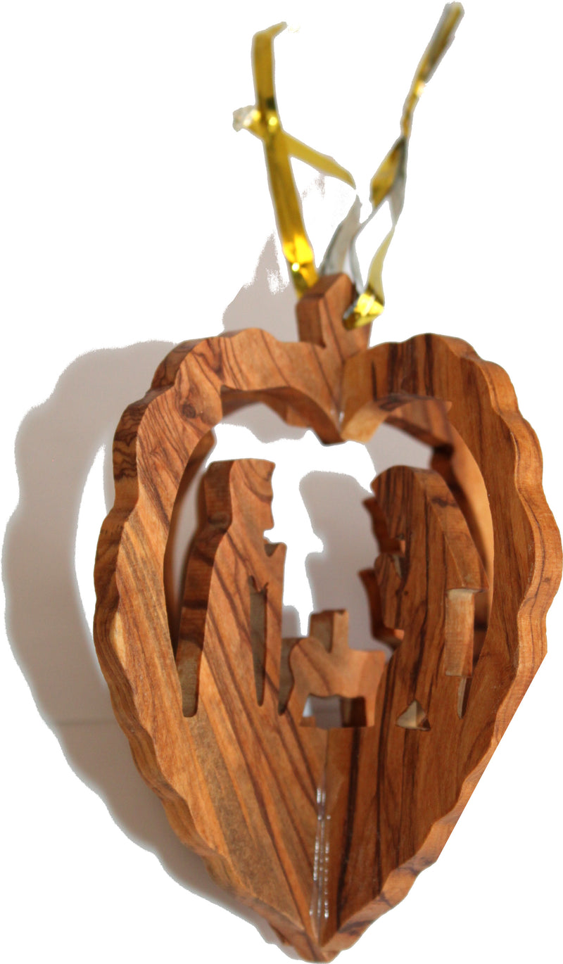 Holy Land Market Olive Wood Nativity Ornament- Heart Shaped - 4 Inches