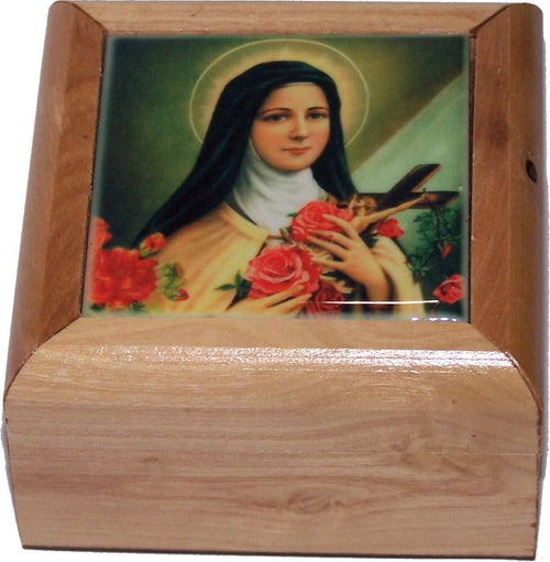 Caja de Primera Comunión del Mercado de Tierra Santa - Caja de Rosario - Madera de Olivo de Belén (Cerámica - Santa Teresa)