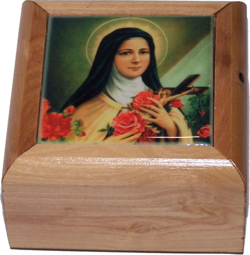 Caja de Primera Comunión del Mercado de Tierra Santa - Caja de Rosario - Madera de Olivo de Belén (Cerámica - Santa Teresa)