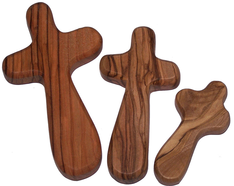 Holy Land Market Three Olive Wood Comfort Handheld Crosses with Velvet Bags & Lord's Prayer Cards - Set of Three Sizes