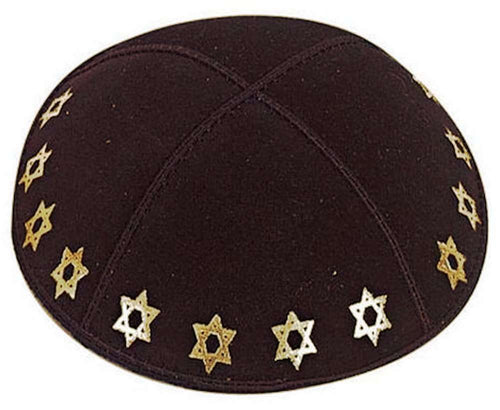 Dark brown suede kippah rimmed with gold foil embossed Stars of David #color_golden stars