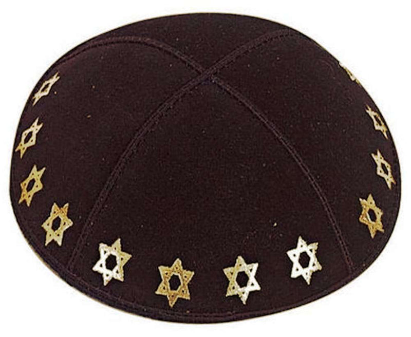 Dark brown suede kippah rimmed with gold foil embossed Stars of David