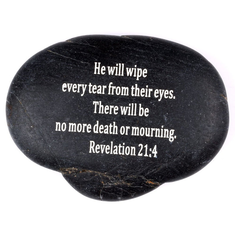 Holy Land Market Engraved Inspirational Scripture Biblical Black Stones collection - Stone XI : Revelation 21:4 :" He will wipe every tear from their eyes. There will be no more death or mourning.