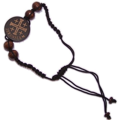 Threaded wooden beads bracelet with Jerusalem Cross - Adjustable ( fits all ) - Brown or Black Cord