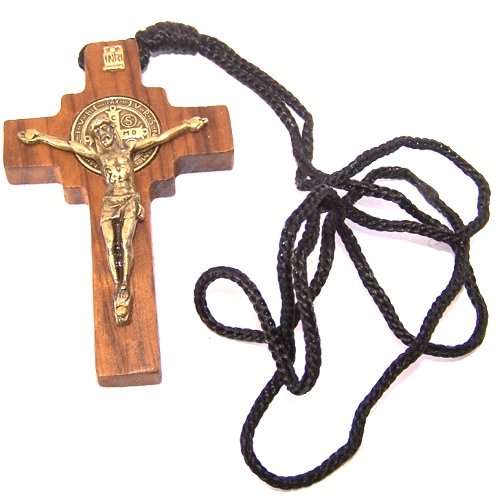 Colgante de Crucifijo de Madera de San Benito en Bronce con medalla CSSMI - Grueso (7cm o 3.
