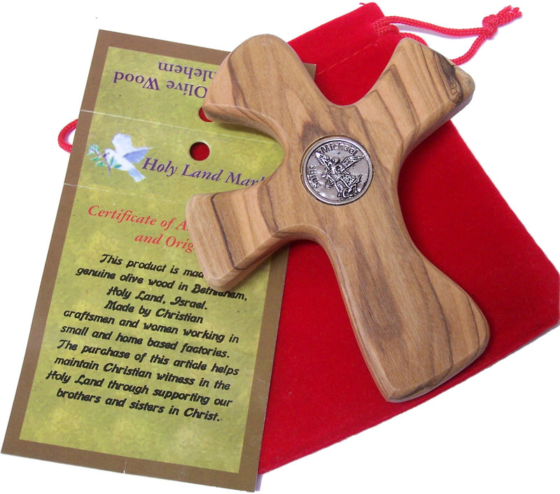 St. Michael with prayer engraved Hand Cross that will sit in your hand comfortably - ( 4.5 x 3.75 Inches )