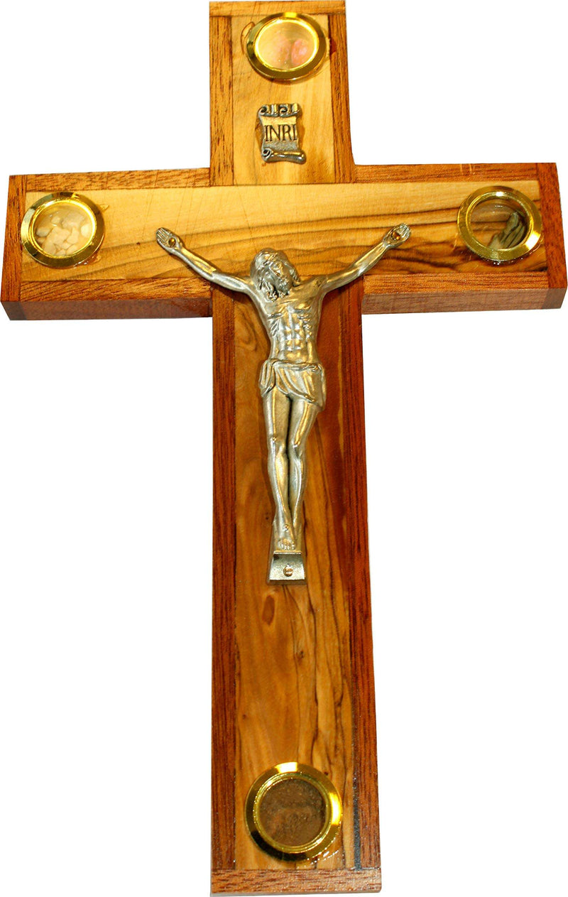 Mercado de Tierra Santa crucifijo católico de madera de olivo con madera de caoba ornamentado con muestras de Tierra Santa (25 cm - 10 pulgadas)