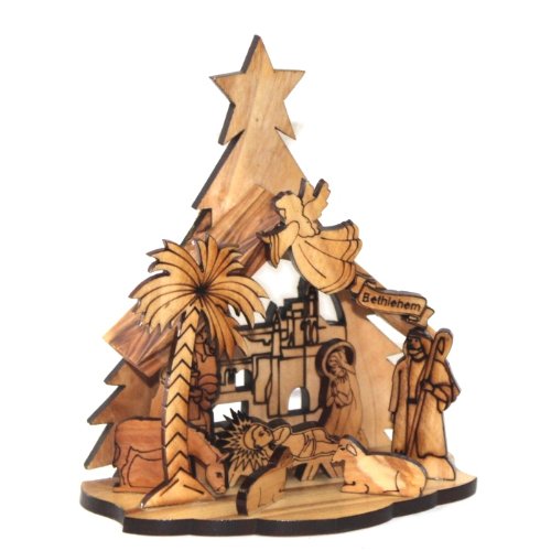 Holy Land Market One Piece Olive Wood Nativity Carved by Laser (13.5 cm or 5.25 inches)
