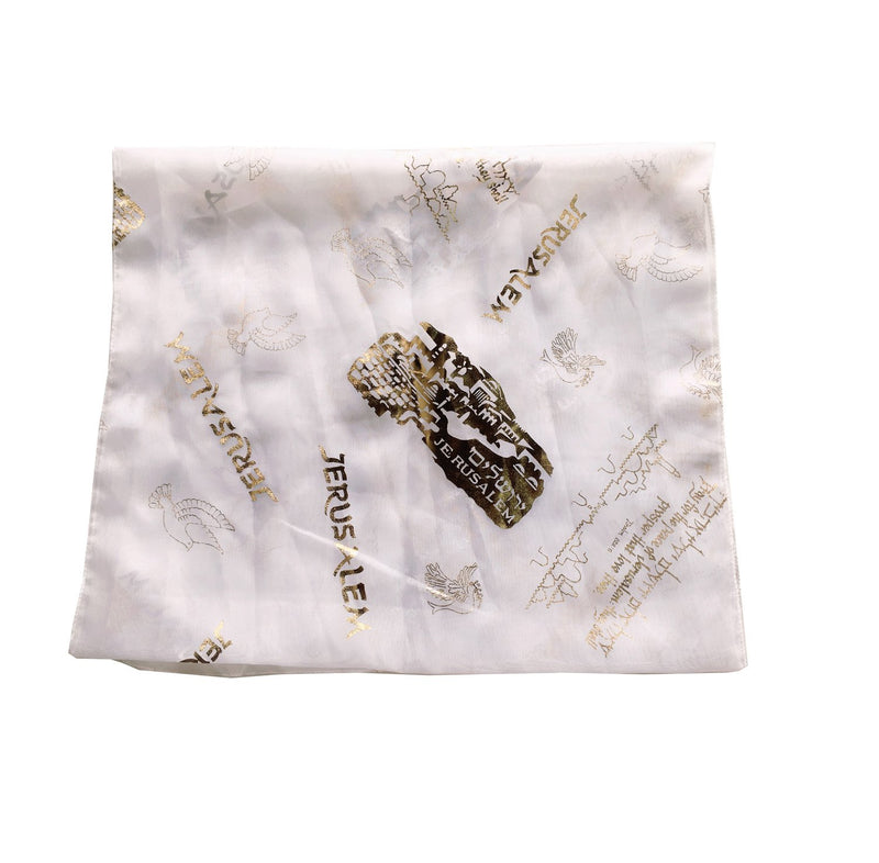 White sheer polyester scarf with gold Jerusalem skyline and dove print