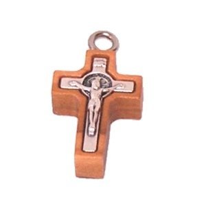 Olive wood Cross with Embedded pewter St. Benedict Crucifix - Latin (2.2cm - 0.9") - 5mm thick