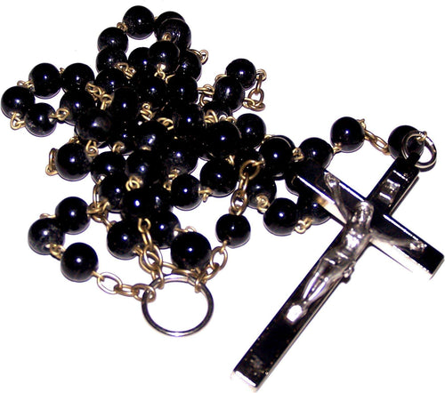 Rosario de sacerdote con gran crucifijo esmaltado en negro - Estilo Jerusalén III - muy largo (32 pulgadas)