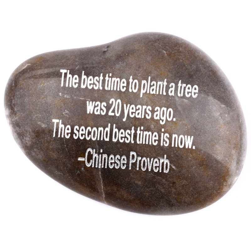 Engraved Inspirational Stones collection - Stone V : THE BEST TIME TO PLANT A TREE WAS 20 YEARS AGO. THE SECOND BEST TIME IS NOW. CHINESE PROVERB