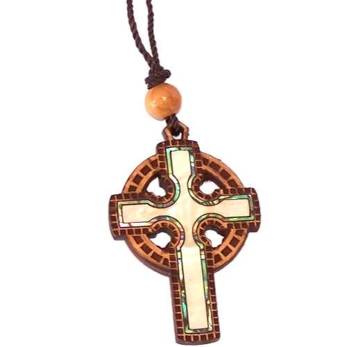 Crucifijo celta de madera de olivo con madreperla (60cm / 23.5 pulgadas, la cruz mide 5cm o 2 pulgadas)