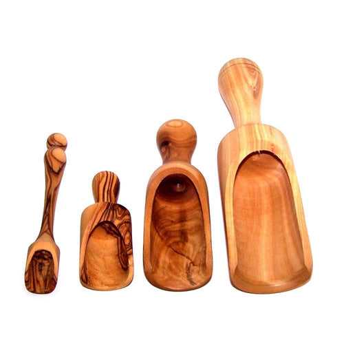 Juego de cucharas o palas de sal de madera de olivo hechas a mano - 4 tamaños (de 3 a 7 pulgadas) - Marca registrada Asfour Outlet.