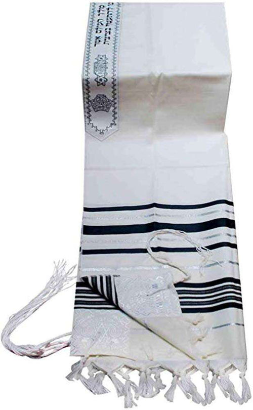 Talitnia Tallit de acrílico (lana imitación) chal de oración con rayas negras y plateadas en tamaño 47" de largo y 68" de ancho