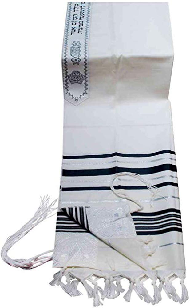Talitnia Acrylic Tallit (Imitation Wool) Prayer Shawl Black and Silver Stripes in Size 47" Long and 68" Wide
