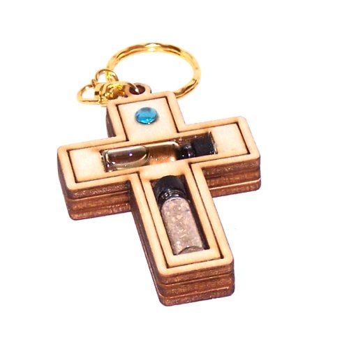 Holy Land Market Religious Samples Thick Large Cross Keys Ring (7.5 x 5 cm - 3 x 2 inches) Anointing Oil/Soil