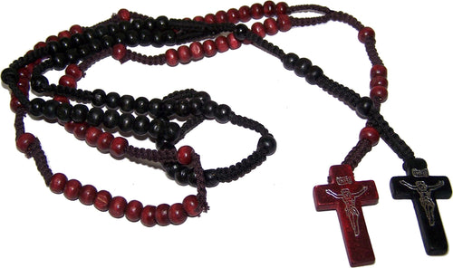 Dos rosarios con bolsas de terciopelo: collares de rosario con cuentas de madera de colores negro y marrón con cruz con impresión de Jesús
