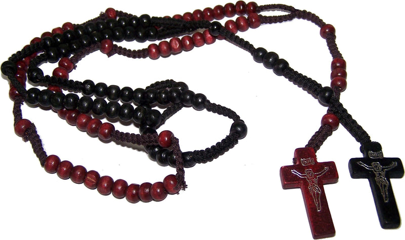Dos rosarios con bolsas de terciopelo: collares de rosario con cuentas de madera de colores negro y marrón con cruz con impresión de Jesús