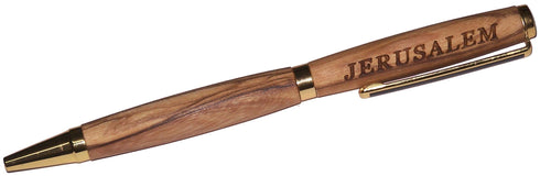 Bolígrafo hecho a mano del Mercado de Tierra Santa, elaborado de madera de olivo de Belén, grabado con Jerusalén - diseño elegante