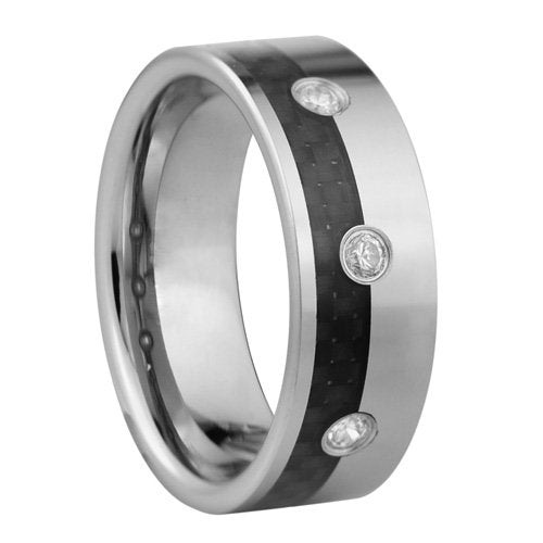 Tungsten ring with Fiber inlay and CZ stones - 8mm wide