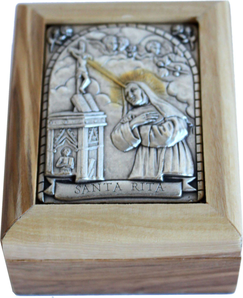 Caja de Primera Comunión - Caja de Rosario - Madera de olivo de Belén (Metal - Santo - Santa Rita)
