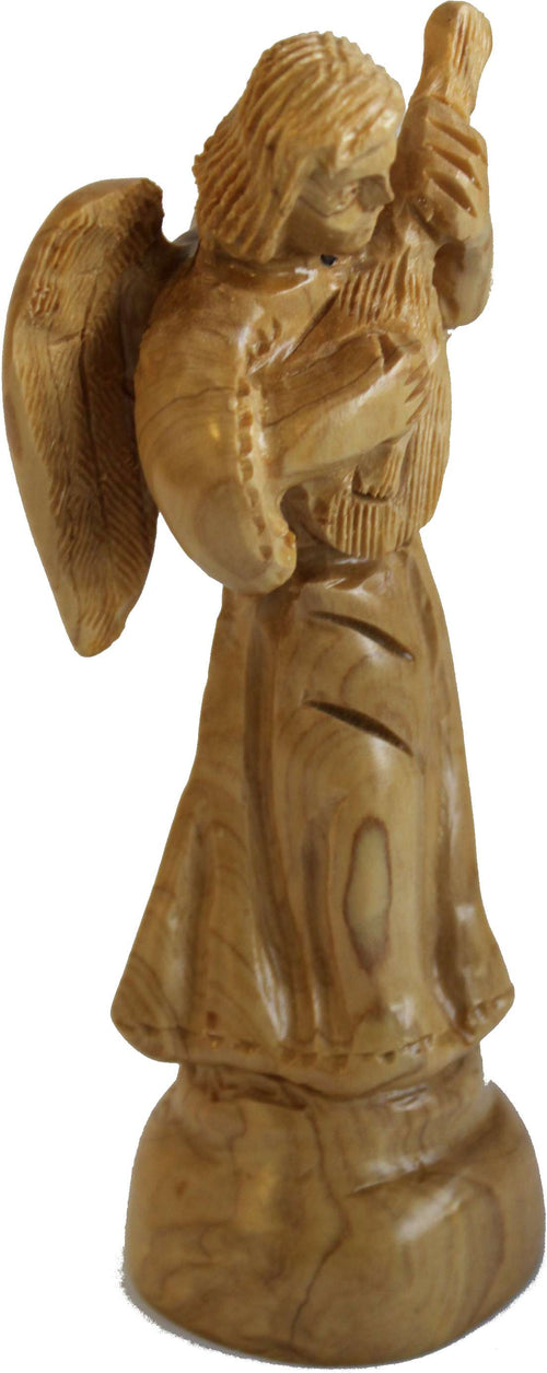 Ángel tocando música - tallado en madera de olivo, estilo con caras y detalles tallados (17.5 cm)