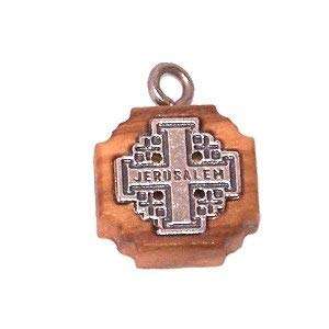Cruz de Jerusalén de madera de olivo con cruz de peltre incrustada de Jerusalén (1.6cm - 0.65") - 5mm de grosor