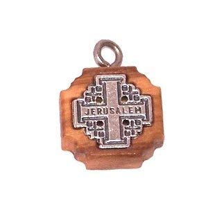 Olive wood Jerusalem Cross with Embedded pewter Jerusalem Cross (1.6cm - 0.65") - 5mm thick