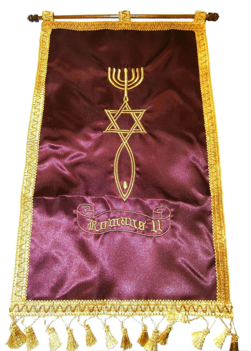 Maroon satin banner with gold braid trim and tassel fringe