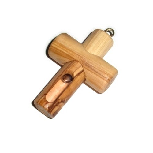 Olive wood Cross with Jordan river water Ampoule - can be opened ( 6cm or 2.5 inches ) - Olive wood with Certificate