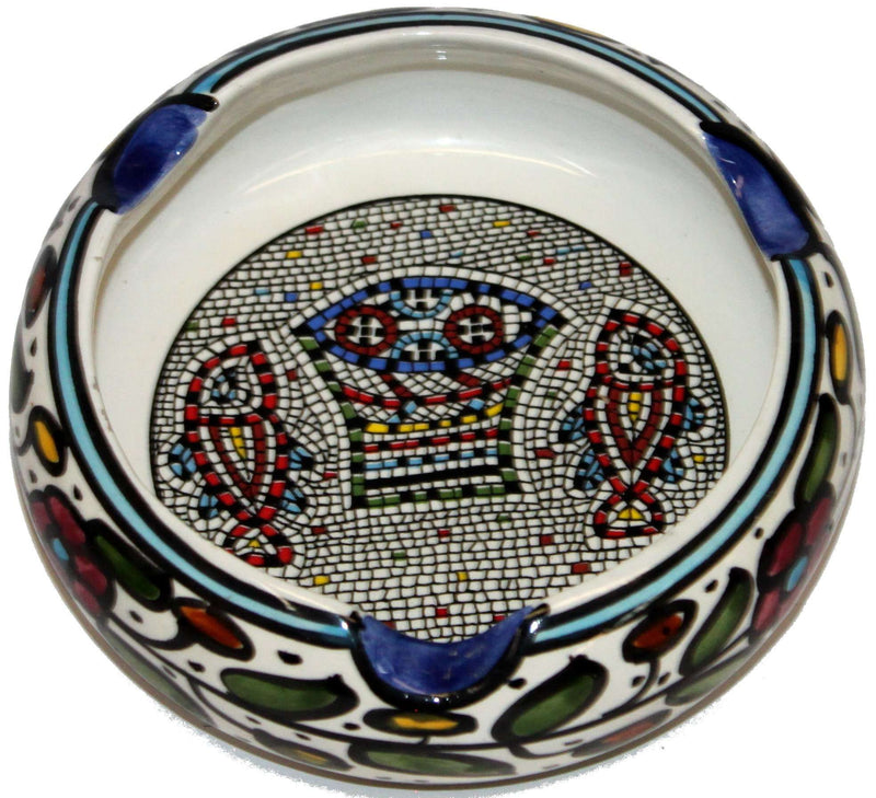 Ceramic Round Ashtray with Fish and Loaves - Tabgha or Miracle of Multiplication (Fish and Bread) Design (6 Inches in Diameter) - Large - Asfour Outlet Trademark