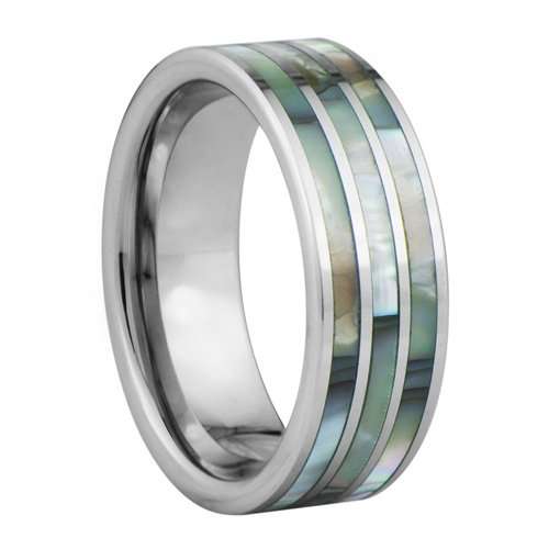 Anillo de tungsteno con 3 anillos de incrustación de concha y bordes facetados - 8mm de ancho