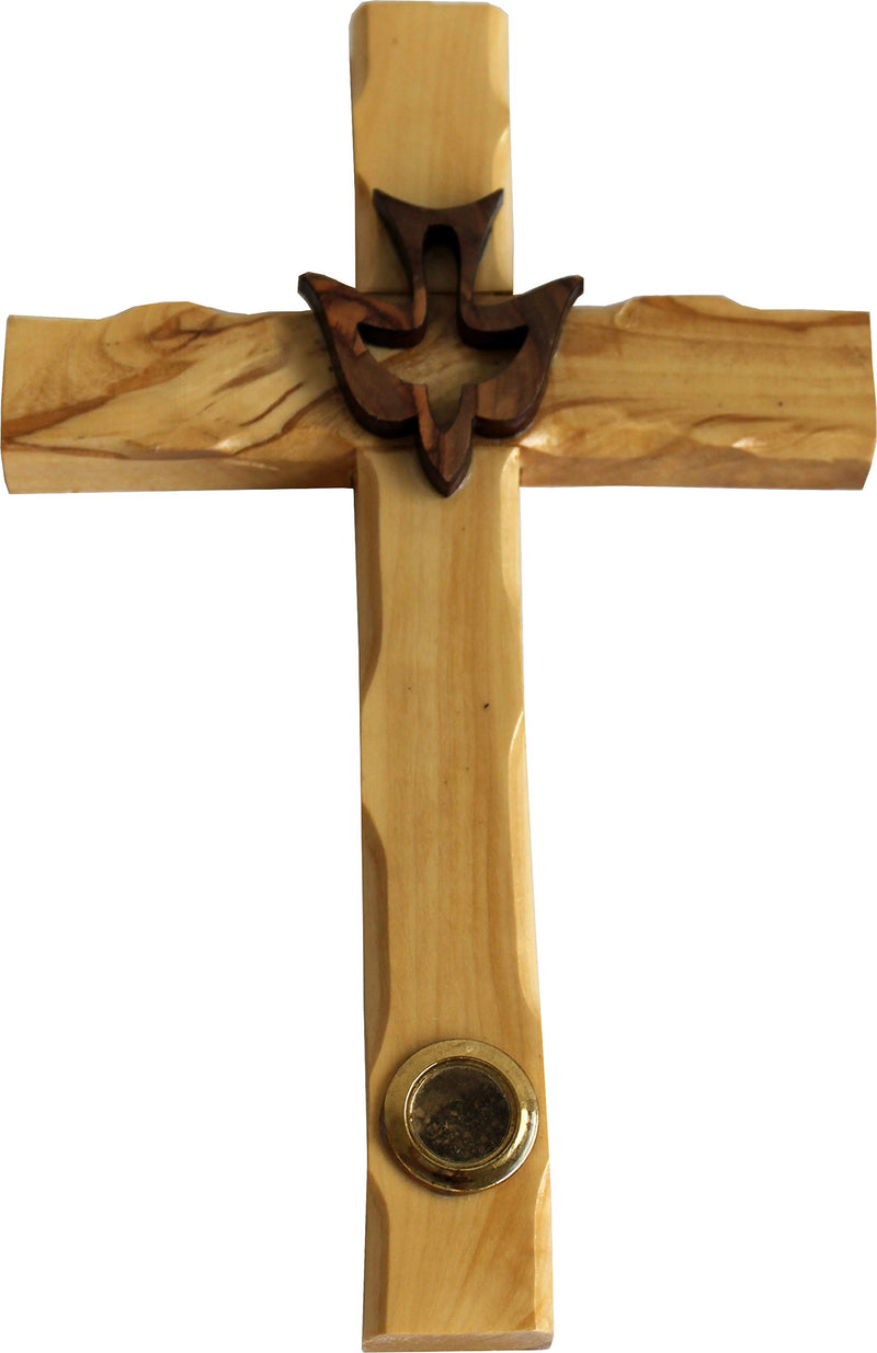 Holy Land Market 8 Inch Wall Olive Wood Cross with Dove and Soil Sample from Bethlehem