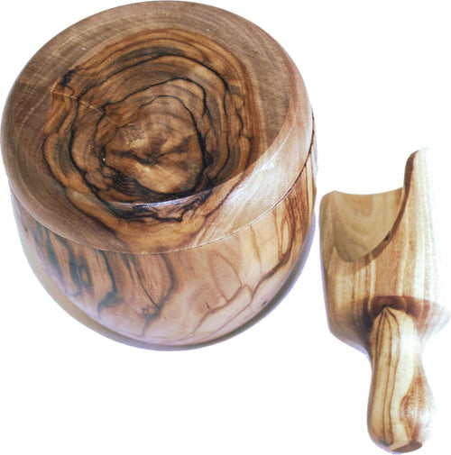 Salero de madera de olivo con cuchara de madera de olivo (3 pulgadas cada uno) - Marca Asfour Outlet