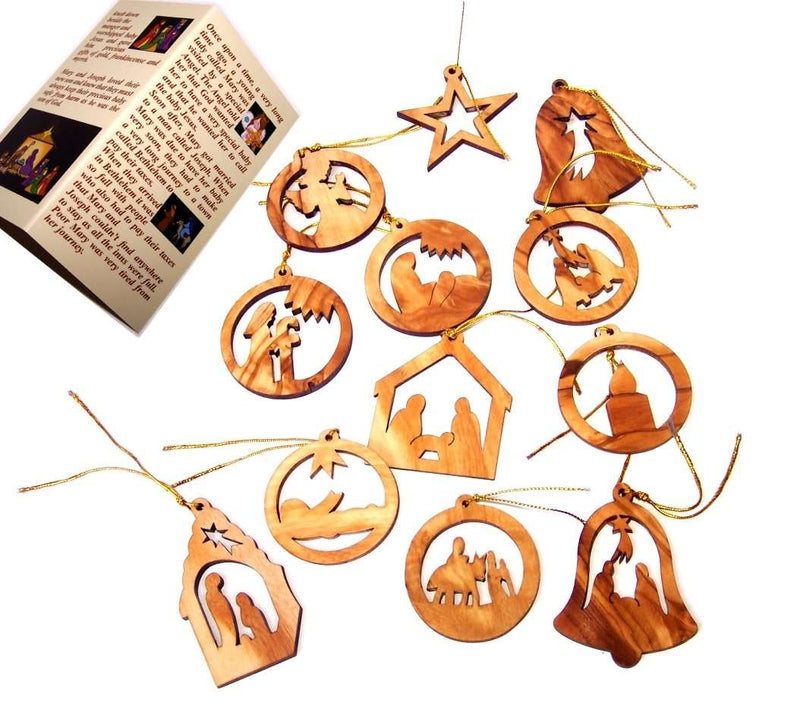 Adornos de madera de olivo del Mercado de Tierra Santa - Mezcla (Juego de 12 adornos planos).