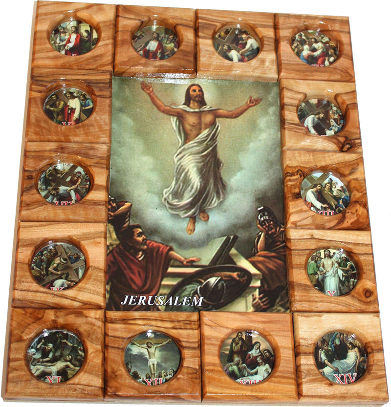 Placa de Icono de las Estaciones de la Cruz del Mercado de Tierra Santa Todo en Madera de Olivo de Belén (29 x 24 cm o 11.5 x 9.5 pulgadas)