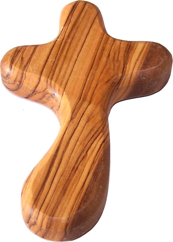 Holy Land Market Perfect Hand fit Olive Wood Cross - Carved Round and with Hand Shape