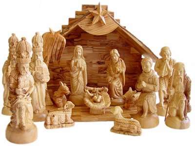 Conjunto grande de nacimiento de madera de olivo del Mercado de Tierra Santa - Musical